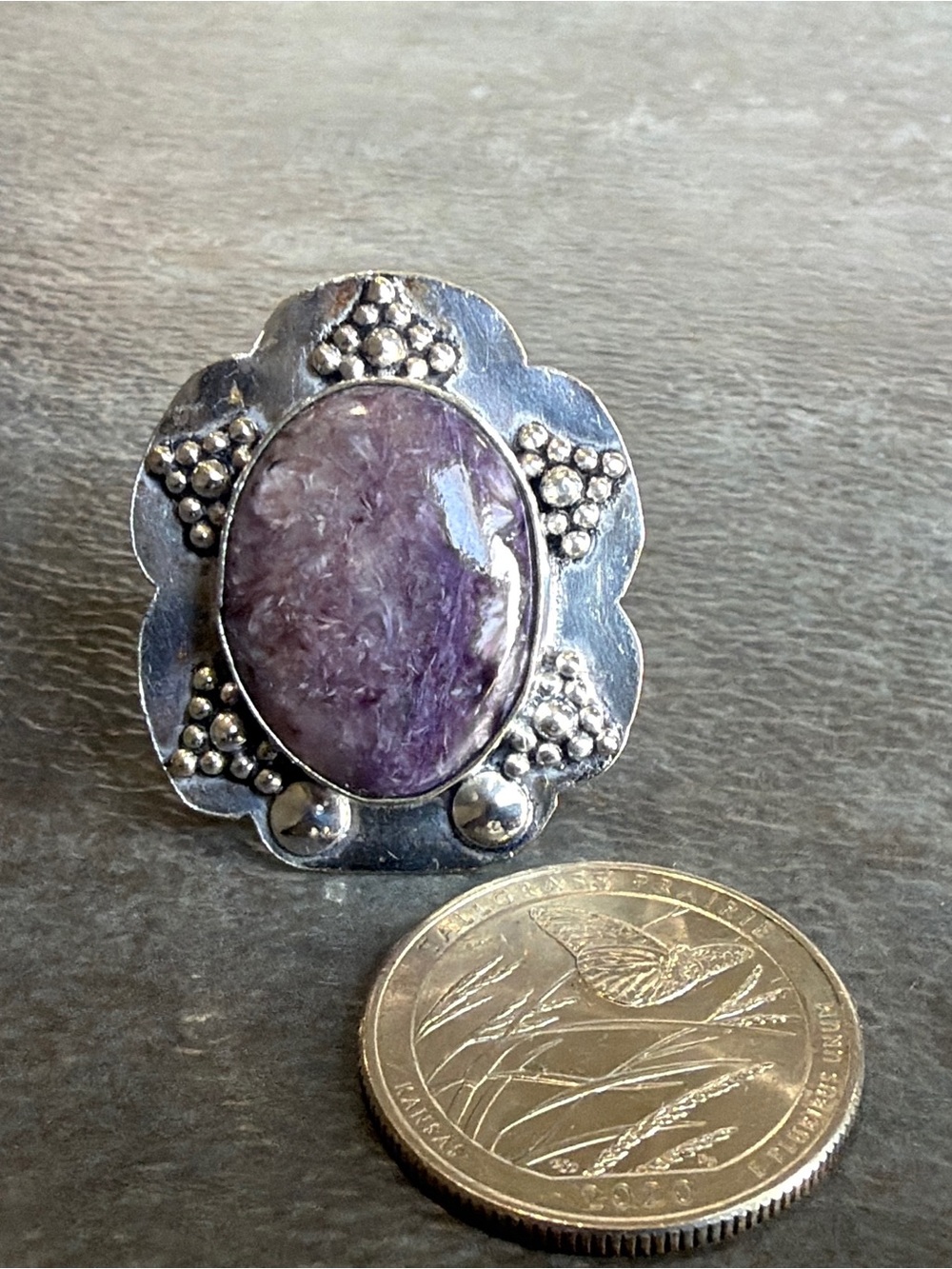 Boho Vintage Silver 925 Ring Size 7.5 Women Jewelry Unique Charoite Gemstone - Picture 2 of 5